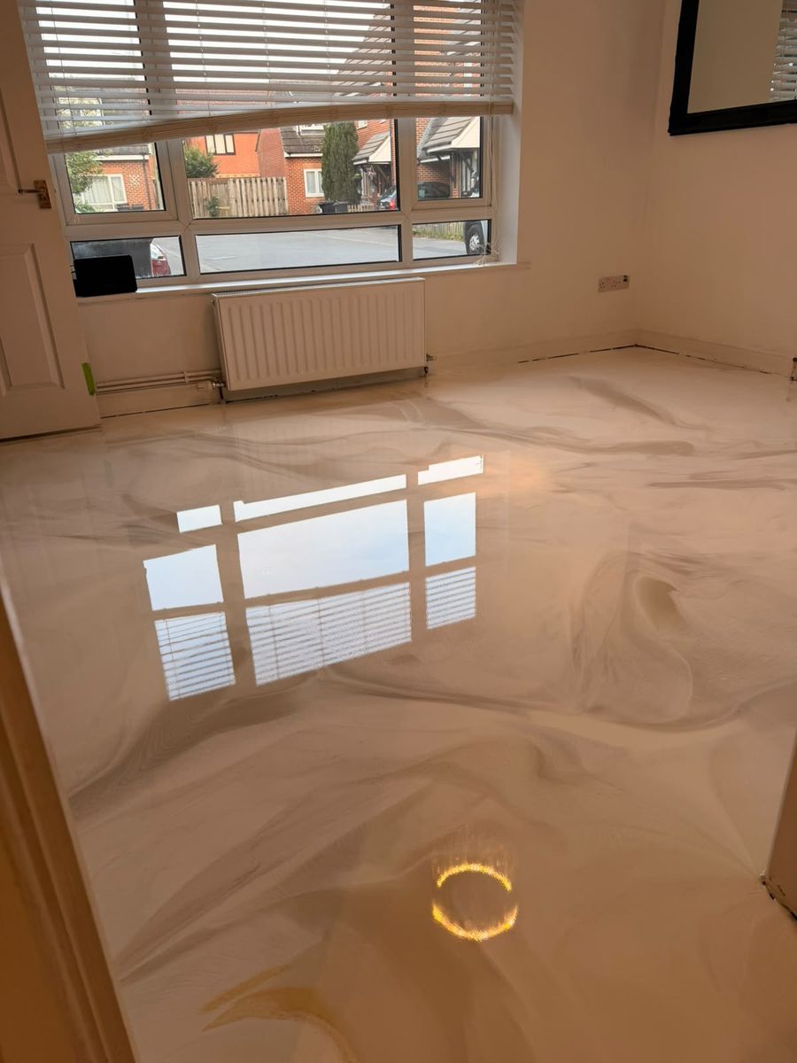Faux marble resin floor in golden hour light
