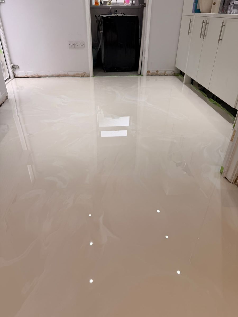 White metallic epoxy kitchen floor